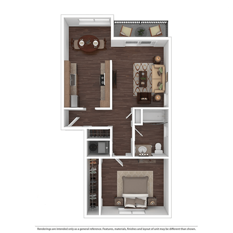 a stylized floor plan of a 1 bedroom apartment